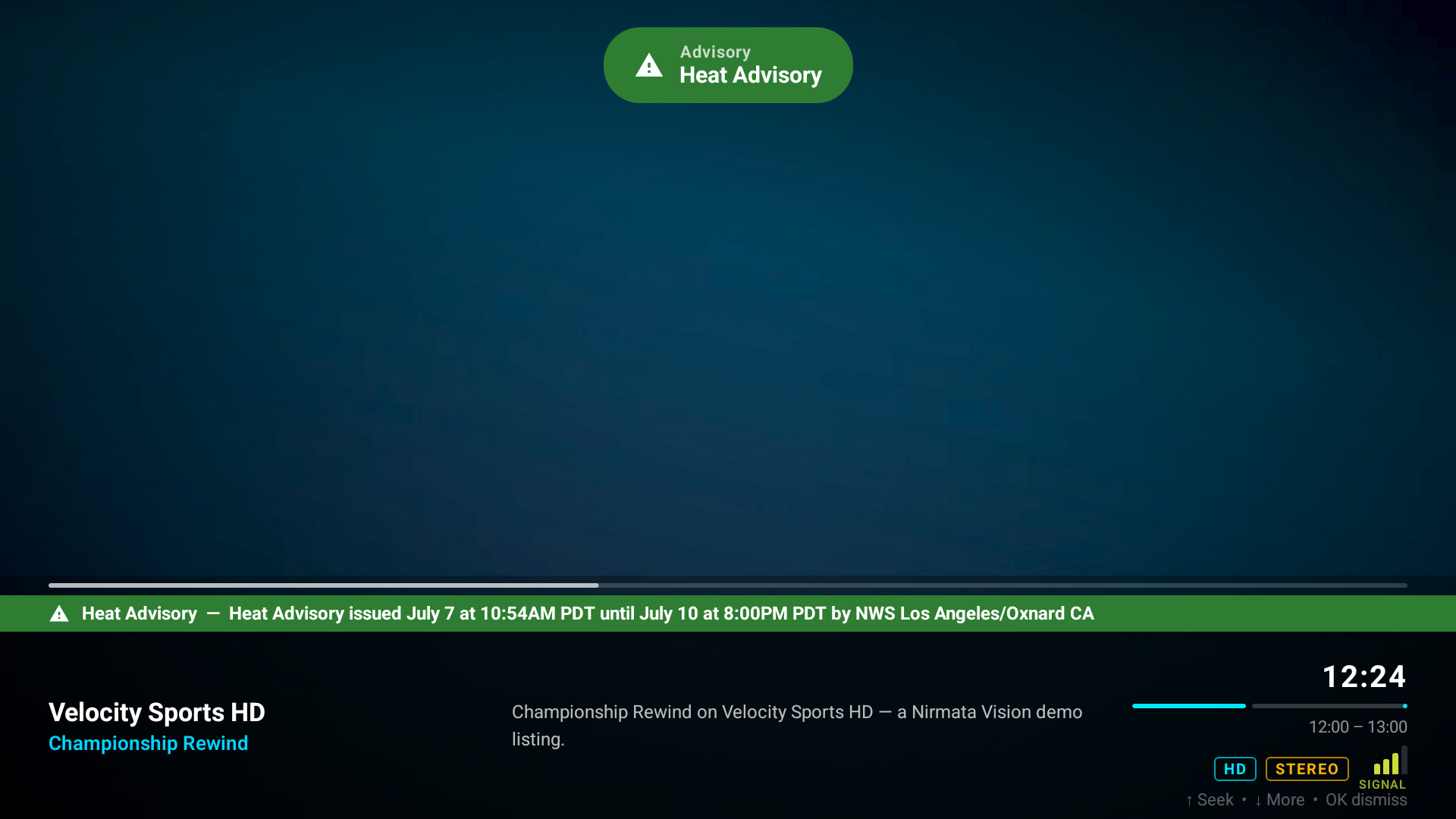 Nirmata Vision full-screen playback view with a clean info bar showing channel, programme, progress and quality