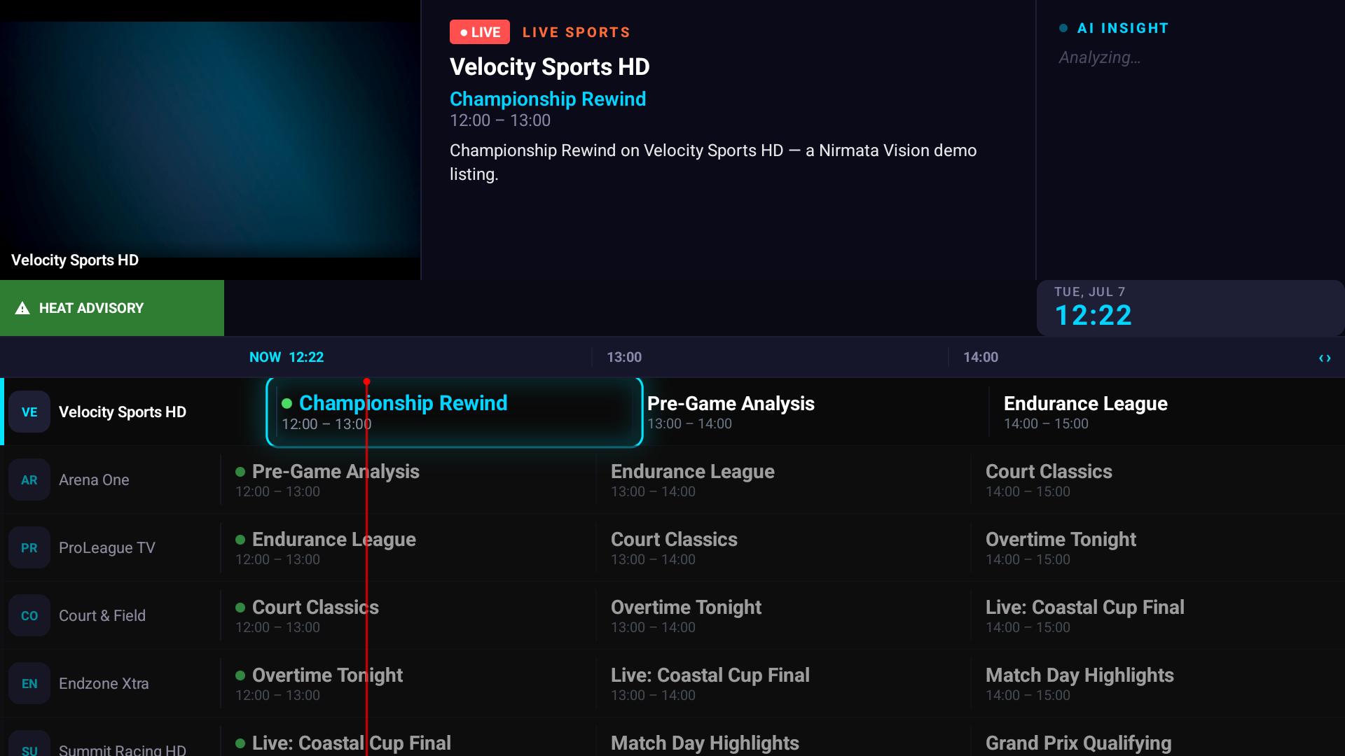 Nirmata Vision live TV guide on Android TV — full EPG with channel logos, now-playing highlight and time bar