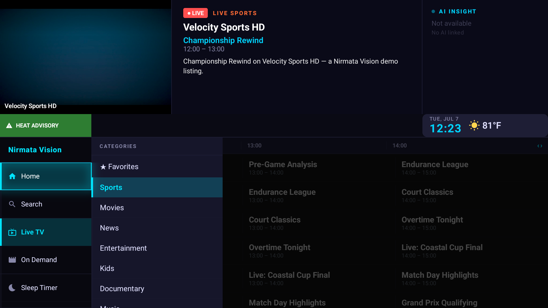 Nirmata Vision main navigation sidebar with Home, Search, Live TV, On Demand and Sleep Timer, plus a Categories column
