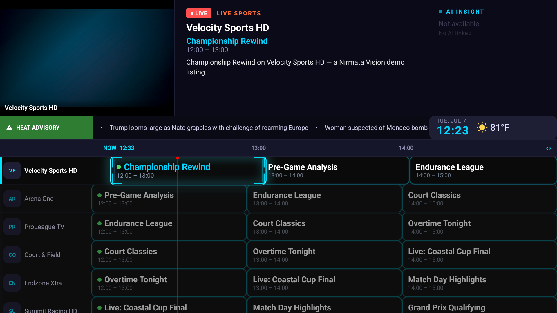Nirmata Vision TRON: Legacy theme — neon cyan live TV guide on Android TV